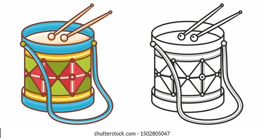 Drum. Drum toy. Musical instrument drum. Children's toy. Festival circle march music drummer, acoustic Carnival samba percussion with drumstick. Black and color vector illustration for coloring book. 