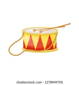 Drum toy vector illustration for celebration design. Jazz band. Percussion musical instrument. Folk music traditional instrument. Rock concert baby or kid playing song drum.