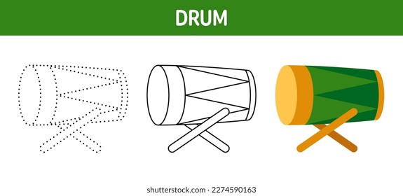 Drum tracing and coloring worksheet for kids