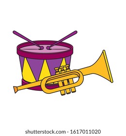Drum and trumpet instrument design, Music sound melody song musical art and composition theme Vector illustration