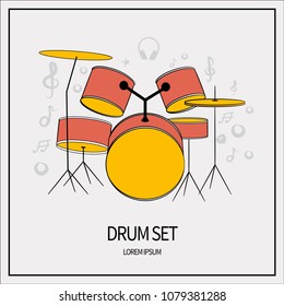 Drum unit, set. Drums, plates. Icon isolated on a light background. With elements of a treble clef, a star, headphones, a mediator. Banner with a frame. Vector illustration.