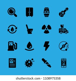 drum, van, high voltage, bacteria, pipette, resume, smartphone, spanish guitar and drop vector icon. Simple icons set