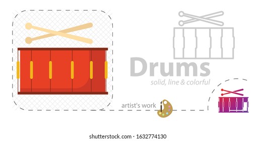 Drum vector flat illustration, solid, line icon