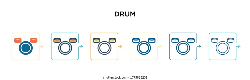 Drum vector icon in 6 different modern styles. Black, two colored drum icons designed in filled, outline, line and stroke style. Vector illustration can be used for web, mobile, ui