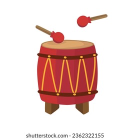 Drum vector illustration with drum sticks. Musical instrument clip art. Percussion. Drum for lion dance performance or dragon boat festival. Toy for kids in mid autumn festival or for cheering fans. 