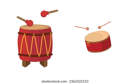 Drum vector set  with drum sticks. Musical instrument clip art. Percussion. Drum for lion dance performance or dragon boat festival. Toy for kids in mid autumn festival or for cheering fans. 