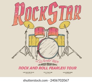 Drum vintage vector t shirt design. Rock and roll with wing logo artwork for apparel and others. Music drum poster design. Music world tour. 