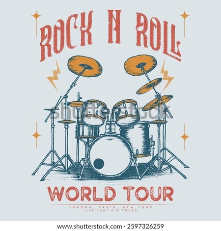 Drum vintage vector t shirt design. Music drum poster design. Music world tour. Rock and roll artwork for apparel and others, Rock and roll vintage print design, Rockstar vector artwork.