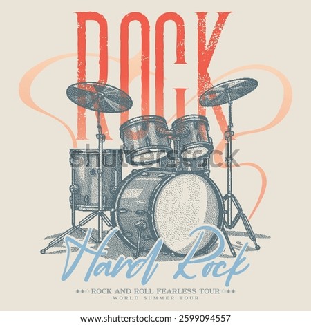 Drum vintage vector t shirt design. Music drum poster design. Music world tour. Rock and roll artwork for apparel and others, Rock and roll vintage print design, Rockstar vector artwork.