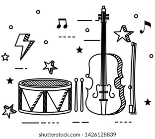 drum and violin instruments with quaver and beam notes