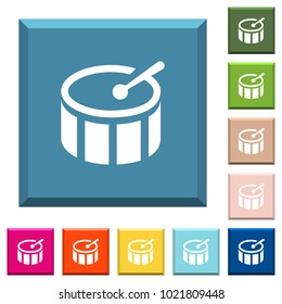 Drum white icons on edged square buttons in various trendy colors