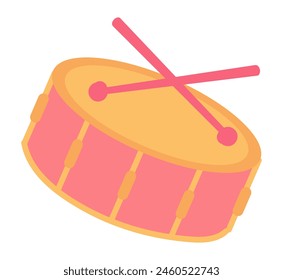 Drum and wooden drumsticks in flat design. Musical percussion instrument. Vector illustration isolated.