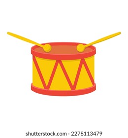 Drum with wooden drumsticks vector illustration. Cartoon isolated percussion musical instrument of drummer to play music rhythm on parade and marching, acoustic drum with red yellow pattern for child