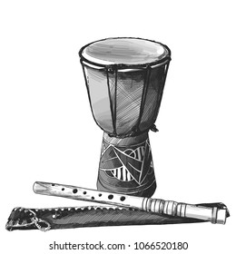 drum with wooden flute and leather case monochrome pattern in vector sketch style