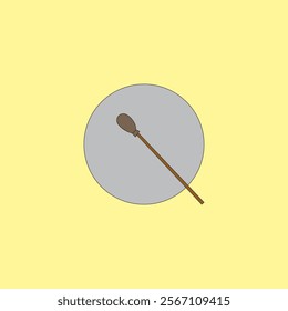 Drum and wooden drum stick vector illustration. Musical instrument on yellow background