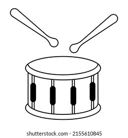 Drum and wooden drum sticks in doodle style. Musical instrument. Vector illustration.
