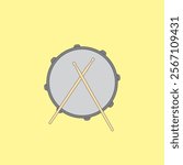 Drum and wooden drum sticks vector illustration on yellow background. Musical instrument