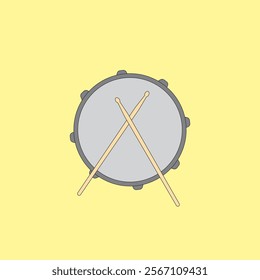 Drum and wooden drum sticks vector illustration on yellow background. Musical instrument