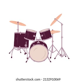 Kit de tambor con cimbales y tomacorrientes. Equipo de batería. Instrumento musical de percusión y ritmo. Ilustración vectorial plana aislada en fondo blanco