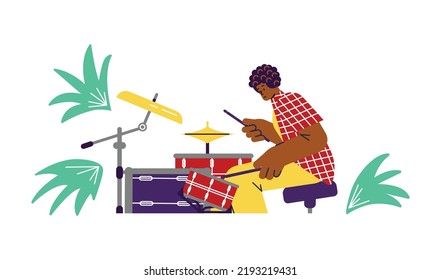 Drummer African American male cartoon character flat vector illustration isolated on white background. Drummer musician playing professional drum set.