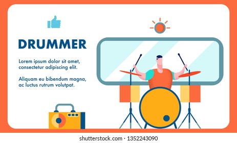 Drummer Audition, Contest Banner Vector Template. Guy Holding Drumsticks Cartoon Character. Musician Playing Drum Set, Kit. Musical Performance, Concert. Flat Illustration with Text Space