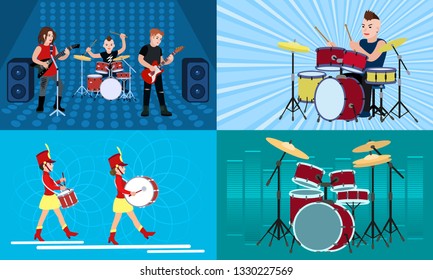 Drummer banner set. Flat illustration of drummer vector banner set for web design