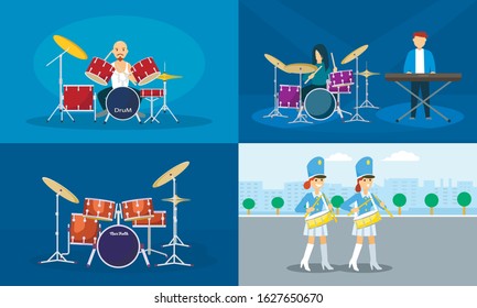 Drummer banner set. Flat illustration of drummer vector banner set for web design