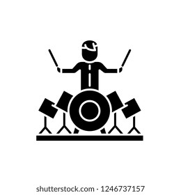 Drummer black icon, vector sign on isolated background. Drummer concept symbol, illustration 