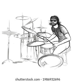 Drummer in black and white - vector illustration