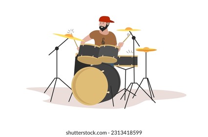 Drummer boy plays the drums. The concept of rock and pop music for festivals and concerts. Vector flat illustration