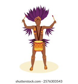 Drummer at a Brazilian carnival. Samba dancer. Mardi Gras street parade. Stage costume with violet feathers. Vector illustration