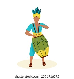 Drummer at the carnival.  Drum. Mardi Gras street parade. Blue stage costume with green feathers. Vector illustration