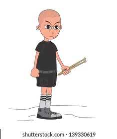 drummer cartoon guy with stick bald