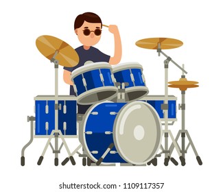 Drummer character with drum set in flat style vector illustration