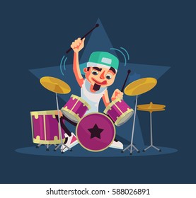 Drummer character plays drums. Vector flat cartoon illustration