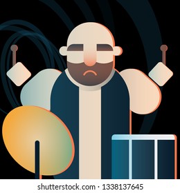 Drummer character of a rock band playing. Flat vector illustration. 