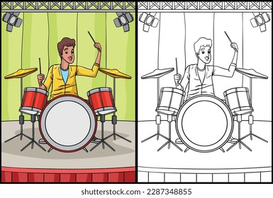 Drummer Coloring Page Colored Illustration