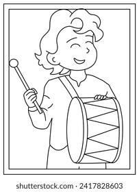 Drummer coloring page designed in hand drawn vector 