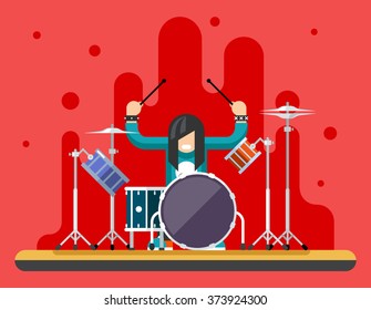 Drummer Drum Icons Set Hard Rock Heavy Folk Music Background Concept Flat Vector Illustration