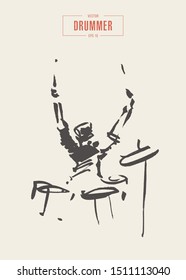 Drummer at the drum kit. Hand drawn vector illustration, sketch