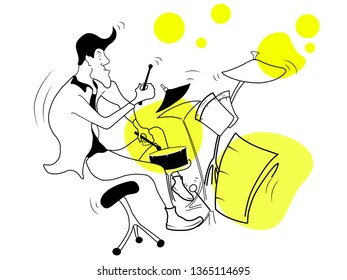 Drummer and drum kit illustration. Cartoon man plays on drums isolated on white background