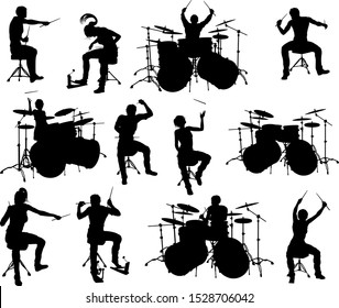 Drummer and drum kit musician high quality detailed silhouettes