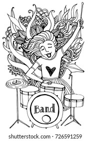 Drummer emotion girl. Girl playing on a drum. Decorative ornament in the background