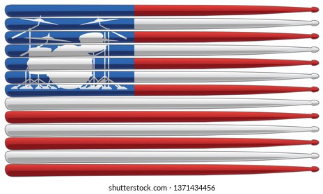 Drummer flag with drum set and drum sticks isolated vector illustration