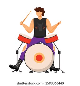 Drummer flat color vector illustration. Drum player. Musician. Punk music band member. Rock and roll. Man with musical instrument. Concert, gig. Instrumentalist. Isolated cartoon character on white