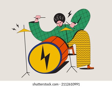 Drummer funny cartoon illustration with character playing on drums. Isolated on white background. Vector illustration