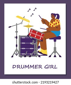 Drummer girl female cartoon character flat vector illustration isolated on white background. Woman drummer musician playing drums. Concert of percussion instruments.