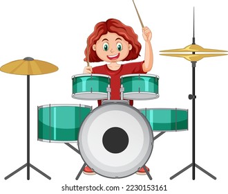 Drummer girl playing drum vector illustration