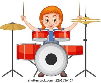 Drummer girl playing drum vector illustration