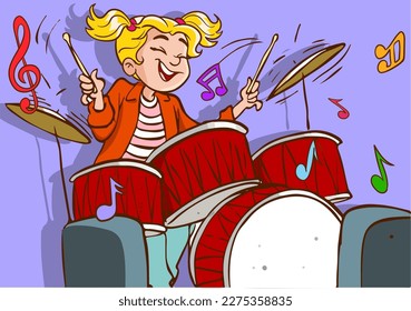 Drummer girl playing drum vector illustration.cute little girl play drum in concert cartoon vector